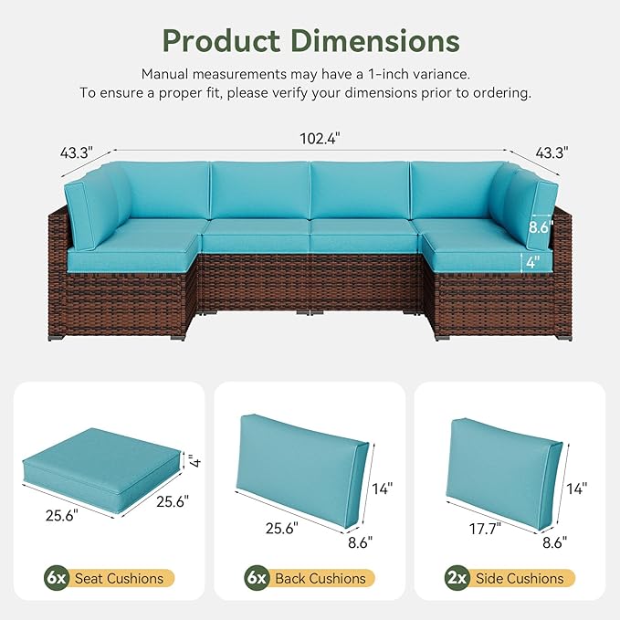 Aoxun Outdoor Replacement Cushions for Patio Furniture, Waterproof Sofa Cushion for 6-Seat Rattan Wicker Sectional Patio Conversation Sets, 14-Piece Cushions Set for L-Shape Couch, Sky Blue | Breathable Fabirc, Non-slip Bottom, Removable Cover, Bullhor...