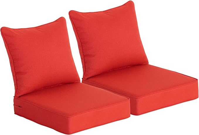 24x24 Inch Outdoor Deep Seat Cushions Set of 2,Thick High-Density Foam, Water-Resistant, Piped Edges & YKK Hidden Zipper for Patio Furniture,Red