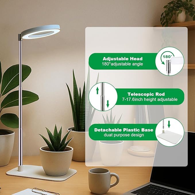 Dual-Use Ring Grow Light for Plants, Full Spectrum LED Plant Light with 4/8/12/18H Auto Timer, 5-Level Dimmable, Adjustable Height 7-17.6 Inches for Indoor Plants, Succulents, Greenhouse 2 Pack