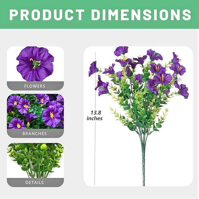 16PCS Artificial Fake Outdoor Flowers Plants, Faux Silk Realistic Morning Glory Floral Arrangement Planter UV Resistant for Porch Patio Window Box Balcony Garden Decor (Eucalyptus Grass 4 Colors)