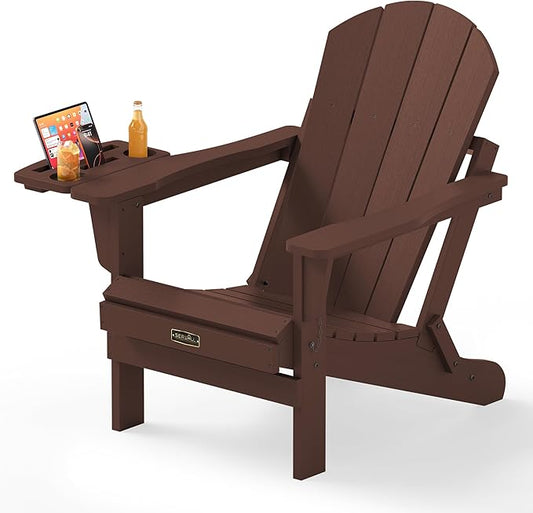 SERWALL Folding Adirondack Chair for Outdoor, Paito Adirondack Chairs with 4 in 1 Cup Holder, All-Weather Patio Chairs with Wood Texture, Fire Pit Chairs for Deck Porch Garden Poolside -Coffee