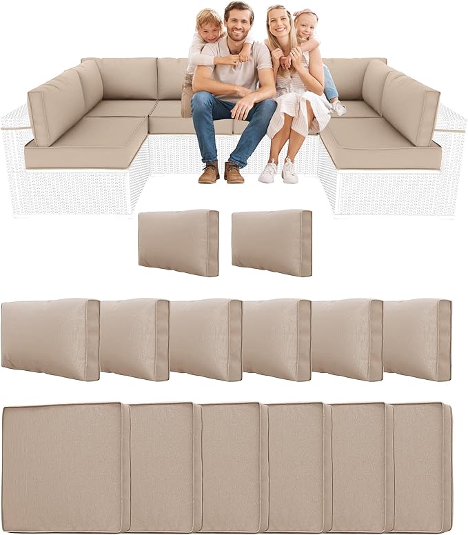 14 Piece Outdoor Sectional Cushions, Water-Resistant Outdoor Sofa Cushions Replacement, 4" High Density Foam Patio Furniture Cushions Fits 6-seat Rattan Conversation Set (Khaki)