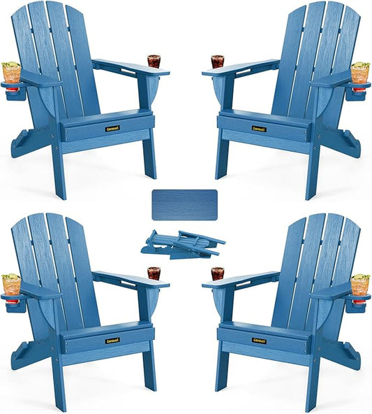 Folding Adirondack Chair Set of 4, Wooden Textured Plastic Adirondack Chairs with 2 Cup Holder, Weather Resistant HDPE Fire Pit Chair, Outdoor Patio Chairs for Garden, Backyard, Lawn, Deck, Blue