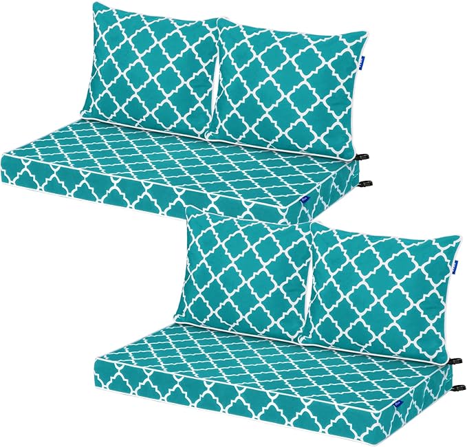 Outdoor Loveseat Cushion Set 44''x24'', Outdoor Cushions for Patio Furniture with Fastness Cover, Water Repellent Outdoor Seat Cushion and Couch Back Cushions for Bench, Swing (Aqua Plaid, 2 Sets)
