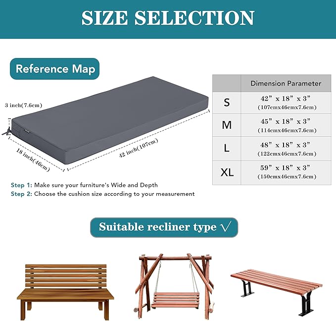 Outdoor Bench Cushions 48 x 18 Inch Thick Waterproof Porch Swing Cushions with Tie Patio Furniture Chair Cushion Bench Pad Color Fastness Backyard Seat Pads Dark Grey