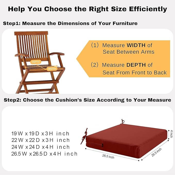 idee-home Outdoor Chair Cushions Set of 2, Waterproof Outdoor Seat Cushions for Patio Furniture, Outside Replacement Chair Pad with Ties for Lawn Deck Porch, 26.5 x 26.5