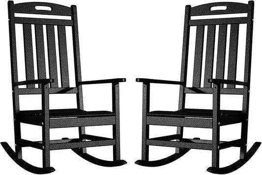 Outdoor Rocking Chair Set of 2, All-Weather Resistant Poly Lumber Rocker Chair Outdoor, High Back Plastic Patio Rocking Chairs for Outside Porch Rocker Garden Lawn, Black