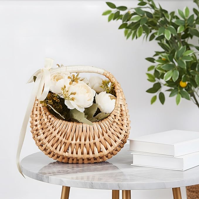 Taiyin Rattan Flower Girl Basket Small Half Moon Straw Wicker Basket with Handle Ideal for Wedding Flower Girl,Picnic,Garden Storage and Home Decor(White Ribbon)