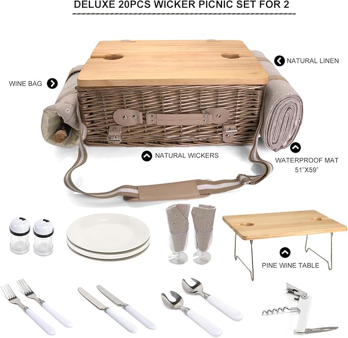 Multifunctional Wicker Picnic Basket Set for 2 with Blanket and Picnic Table, Insulated Picnic Set with Full Tablewares for Camping Outdoor Couples, Flowers
