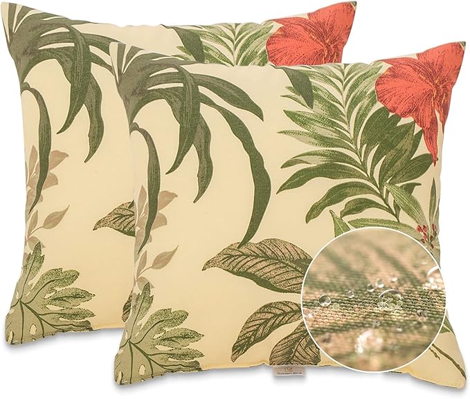 JMGBird Weather-Resistant Outdoor Pillows Set of 2, 18x18 inch Durable Red Flowers Yellow Background Throw Pillows with Inserts for Patio Furniture