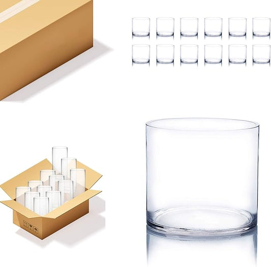WGVI Thick Weighted Clear Right Cylinder Glass Vases, 6" W x 6" H, Equilateral Cylinder Glass Candle Holders Flower Arrangement Centerpieces Storage Container Brush Pen Holder, Bulk Wholesale, 12 Pcs