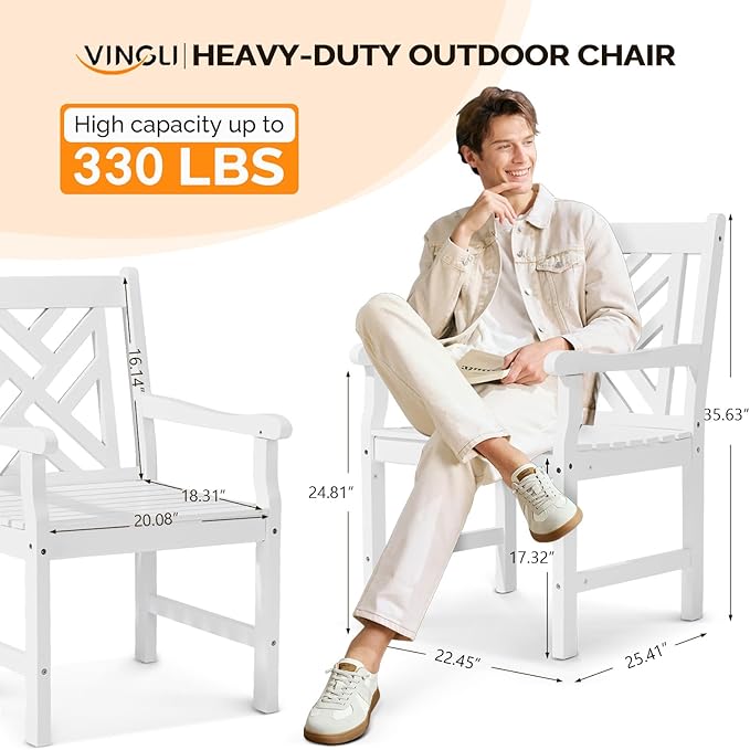 VINGLI Outdoor Dining Chairs Set of 6, Heavy Duty 330 LBS Wooden Patio Chairs with Comfortable Backrest, Solid Wood Patio Dining Chairs Garden Chairs for Yard, Front Porch and Deck (White, 6 PCS)