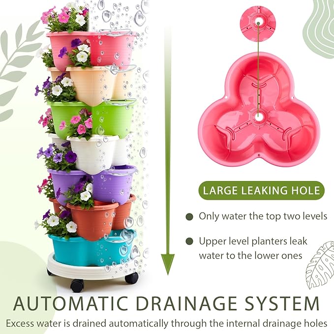 Umigy 2 Set of 7 Tier Stackable Vertical Planters with Removable Wheels and Tools Tower Planters Strawberry Herb Flower Vegetable Pots Indoor Outdoor Gardening Pots (Multicolor)