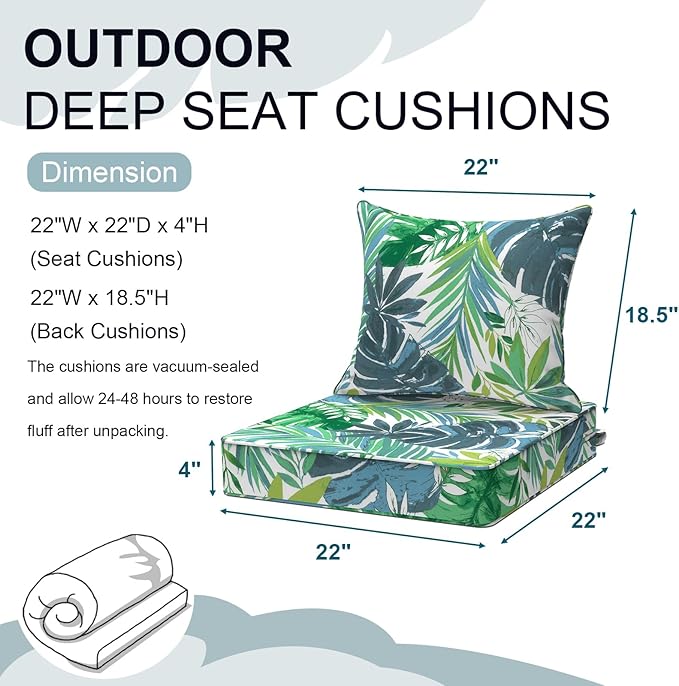 Outdoor Deep Seat Cushion Set, Water Repellent 22"x22" Patio Thick Cushions Replacement with Seat & Back Pillow for Patio Sofa, Wicker Chair, Couch - Islamorada Blue Green