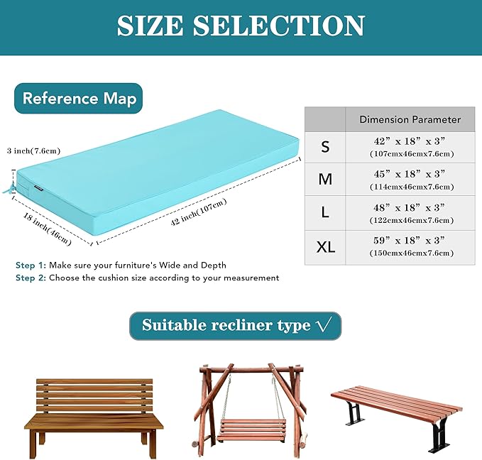 Outdoor Bench Cushion 48 x 18 Inch Thick Waterproof Porch Swing Cushions with Tie Patio Furniture Chair Cushion Bench Pad Color Fastness Backyard Seat Pads, Light Blue