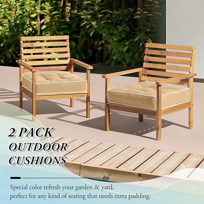 Wellsin Outdoor Chair Cushions Set of 2, Patio Cushions for Outdoor Furniture, Tufted Waterproof Outdoor Chair Pads, 19 x 19 Inch, Khaki