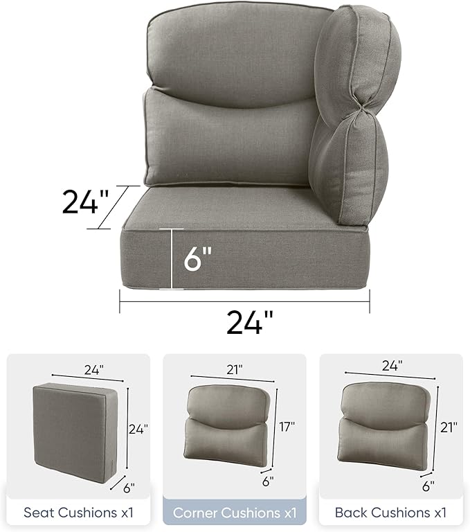 Luxury 24x24x6 Outdoor Corner Cushion 1 Set - Water-Repellent 3-Piece Cushion Set with Zipper for Outside Rattan Wicker Sofa Loveseat Chair Sectional Patio Conversation Sets - Grey/Smile