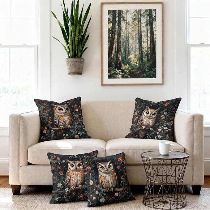 Owl Forest Pillow Covers 18x18 inch Set of 4, Mystic Woodland Flowers Dark Academia Throw Pillow Covers Farmhouse Cushion Case Decor for Sofa Couch