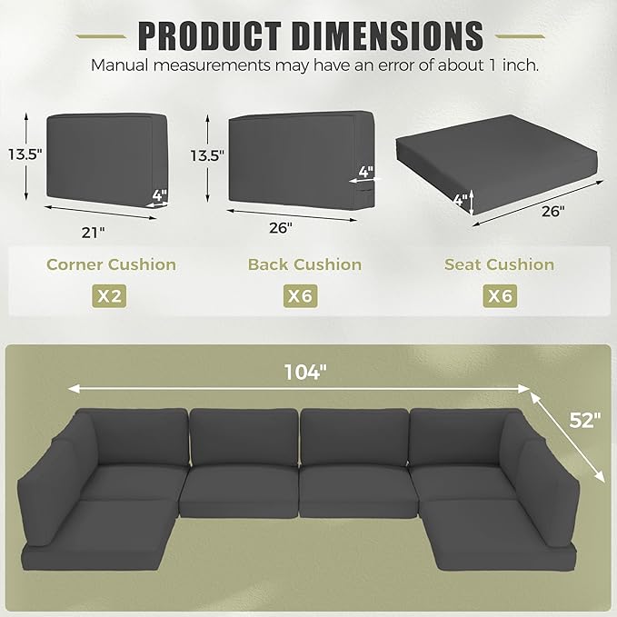 Oakcloud Oakmont Outdoor Replacement Cushions for Patio Conversation Set, Water-Resistant Cushion for Patio Furniture, 14-Piece Cushions for 6-seat Outdoor Sectional Sofa (Dark Grey)