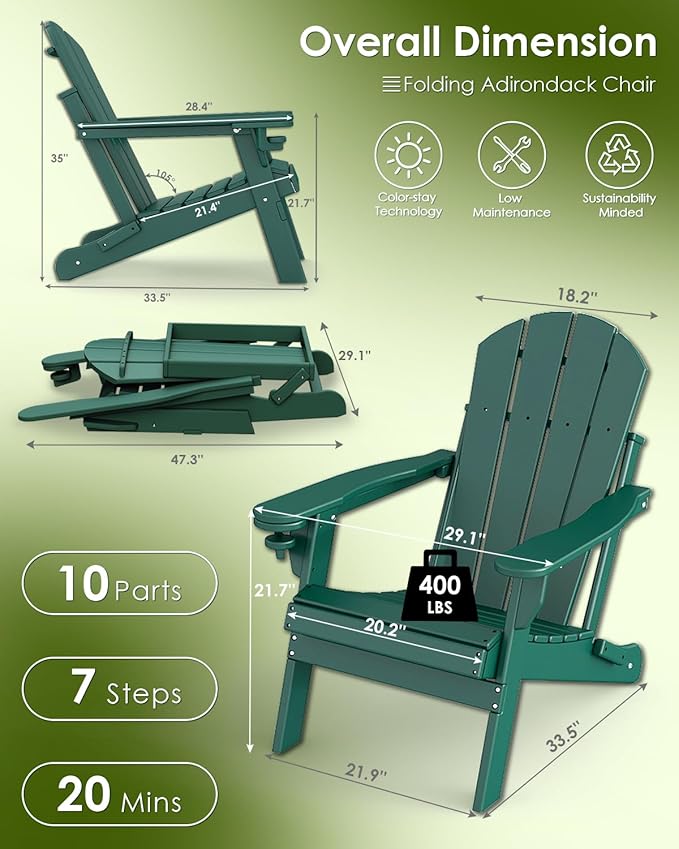 GREENVINES Folding-Adirondack-Chairs-Set-of-4 | HDPE Plastic | Fire Pit Chair | All Weather | Cup Holder | Forest | for Deck Backyard Patio Outdoor Garden