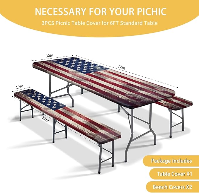 Picnic Table Cover with Bench Covers 6FT 3PCS, Camping Essentials, Fitted Camping Tablecloth Waterproof and oilproof with elastic Edge for Indoor Outdoor Patio, Retro American Flag (72inch)