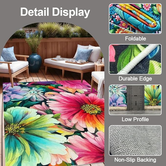 Vibrant Floral Pink Outdoor Rug Modern Contempporary Art Deco Washable Area Rug for Patio Porch Deck Balcony Waterproof Durable Backyard Carpet Cute Garden Large Rugs 6x9