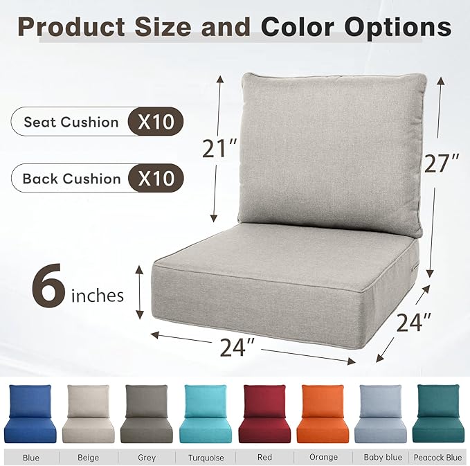 Belord Luxury 6" Thick Outdoor Cushion 10 Set - 24 x24 Inch 28D Sponge Filling Fade-Resistant Chair Cushion, Spill Proof Removable Patio Furniture Replacement Cushion for Sofa Bench Swing - Beige