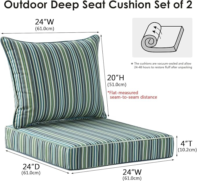 Sunbrella Outdoor Patio Chair Cushions Set, 24" x 24", Set of 2, Water-Repellent, Fade Resistant, Deep Seat Cushion for Backyard, Couch, Sofa and Patio Furniture, Troupe Caribbean