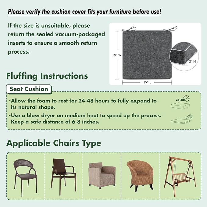 MIULEE Dark Grey Outdoor Chair Cushions Set of 4, 19x19x3 Inch Waterproof Patio Seat Cushions for Outdoor Furniture Couch Sofa, 3 Year Color Fastness High Density Foam with Adjustable Ties