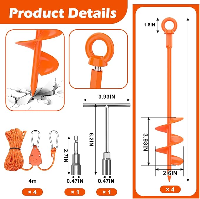 Shed Anchor Kit, 4 Pack 18" Screw in Tent Stakes Heavy Duty Kit, Earth Anchors Heavy Duty with 4 Strong Straps for High Winds, Spiral Trampoline Stakes for Tent Sheds Canopy Gazebo Swing Set （Orange）