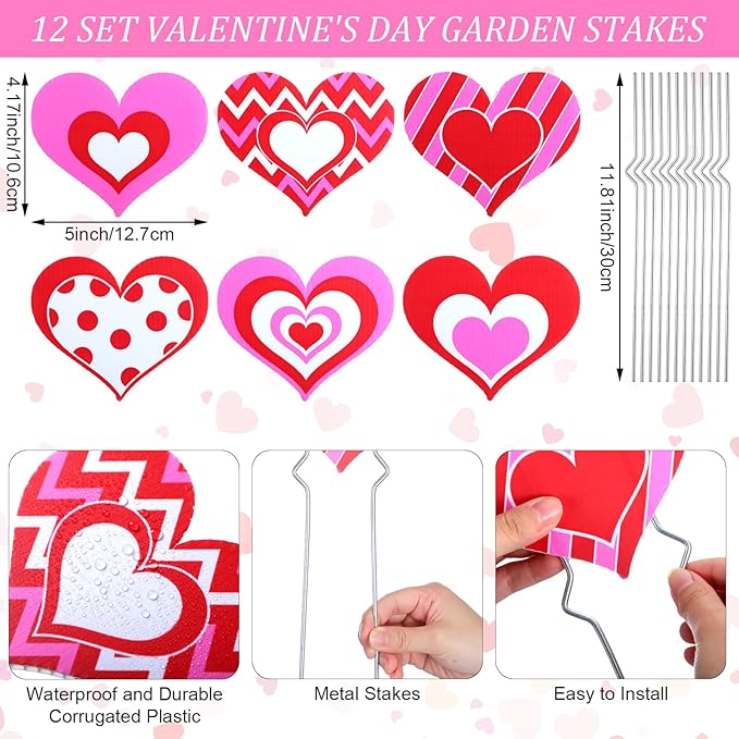 12 Pcs Valentine‘s Day Heart Planter Stakes Valentine Decorative Garden Stake Decor Pink Red White Heart Stake Sign for Patio Lawn Yard Planter Pot Pathway Anniversary Wedding Decor
