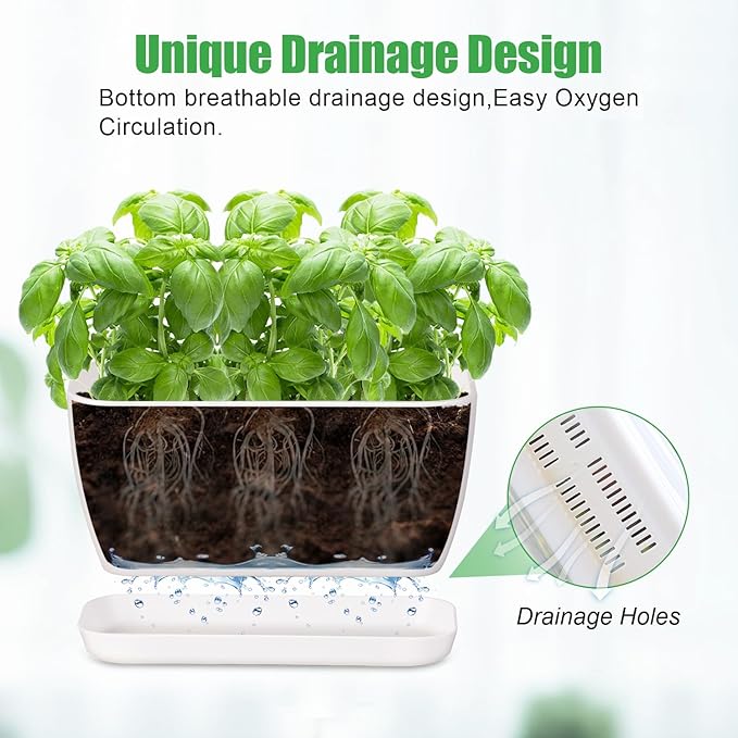 Herb Garden Planter Set, Plastic Plant Pots with Drainage and Saucer, Indoor Succulent Cactus Vegetable Pot for Windowsill, Garden Balcony, Green, Set of 6