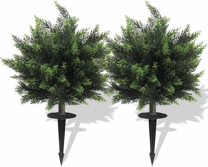 26.1inch Artificial Topiary Tree Set of 2 Beautiful Realistic Faux Cedar Pines Christmas Trees UV Rated Fake Shrubs for Front Porch Faux Plants Indoor and Outdoor Decor
