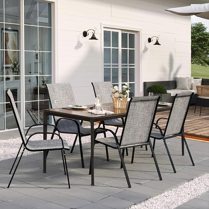 Patio Chairs Set of 4, Outdoor Stackable Dining Chairs with High Back for All Weather, Outdoor Furniture with Breathable Textile Fabric for Garden, Backyard Deck, Pool Side (Grey)
