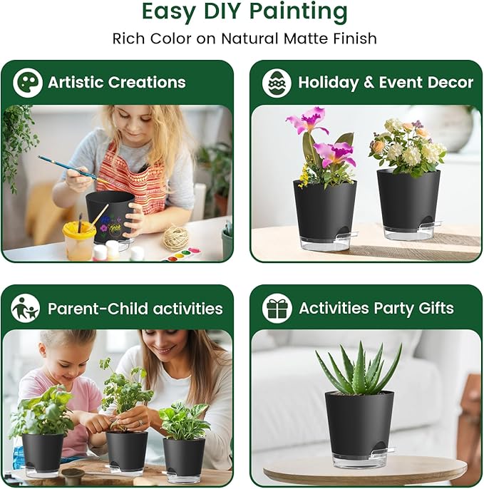 7 inch Self Watering Pots for Indoor Plants, 5 Pack Plant Pots with Drainage Holes & Clear Reservoir for Visible Water Level, Plastic Wicking Planter Pots for House Plants and Flower, Black