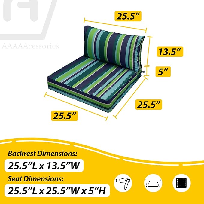 AAAAAcessories Outdoor Seat Cushions for Chairs, Fade-Resistant, Waterproof Patio Furniture Replacement Cushions, 25.5" x 25.5" x 5" + 25.5" x 13.5", Set of 2, Stormy Teal Coastal Stripe