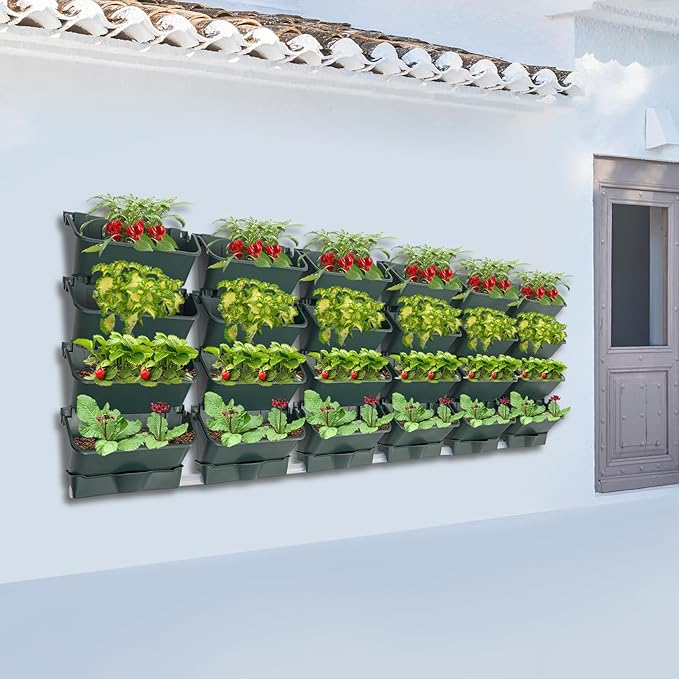 Wall-Mounted Vertical Garden Planter Set – 24 Self-Watering Planters with Drainage Pipe, Stackable Wall Planters for Indoor & Outdoor Use (Green, 24PCS)