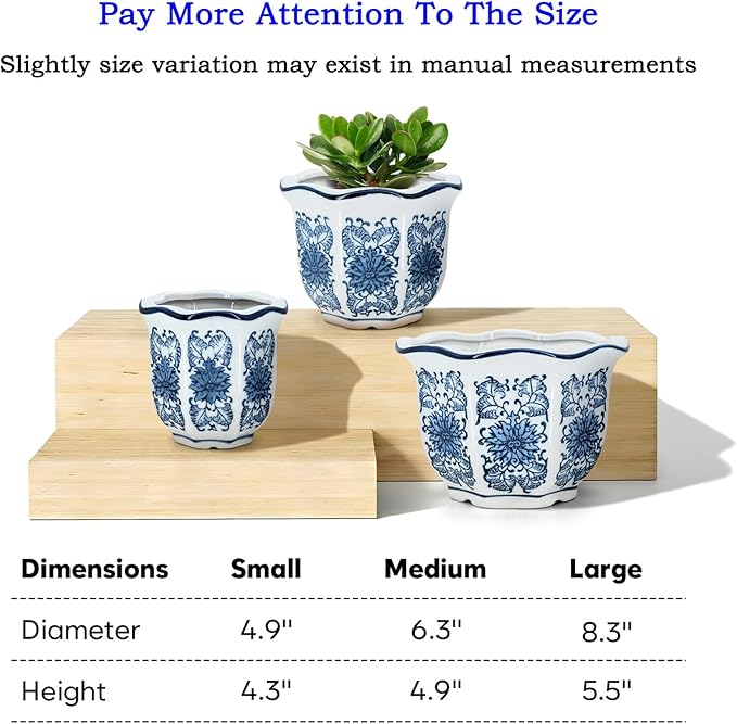 Ceramic Pots for Plants, Chinoiserie Décor Ceramic Flower Pots Planters for Indoor Plants with Drainage, Blue and White, Set of 3