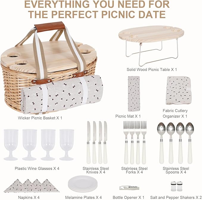 Picnic Basket Set for 4 - Wicker Insulated Picnic Basket with Waterproof Blanket, Folding Wine Picnic Table & Cutlery Kits, Picnic Baskets Kit for Camping, Outdoor, Valentine (Cherry)