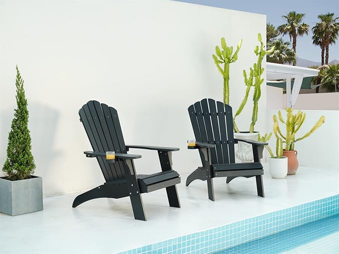 Psilvam Adirondack Chair, Oversized Poly Lumber Fire Pit Chair with Cup Holder, 350Lbs Support Patio Chairs for Garden, Weather Resistant Outdoors Seating, Relaxing Gift for Father & Mother (Black)