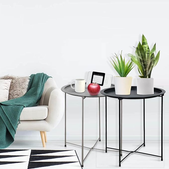 Garden 4 you End Table Metal Side Table Grey Round Folding Tray Cyan Sofa Small Accent Fold-able Table, Round End Table Tray, Next to Sofa Table, Snack Table for Living Room and Bed Room