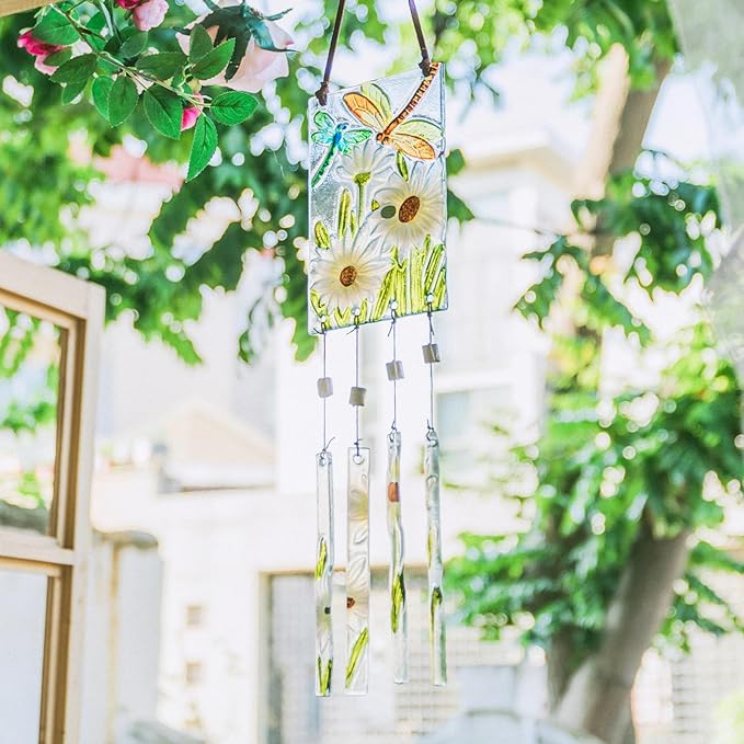 MUMTOP Wind Chimes for Outside-Wind Chimes Outdoor - Dragonfly and Daisy Colorful Stained Glass WindChimes Hanging Ornaments for Home Garden Decor