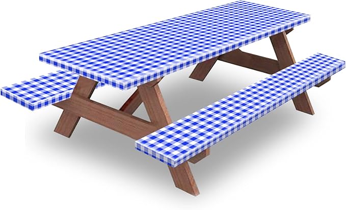 KENOBEE 8ft Picnic Table and Bench Cover, Camping Essentials RV Gear, 96 in Waterproof Windproof Outdoor Elastic All Around Tablecloth, Fitted Rectangle Tables and Seats, Blue-White Checkered