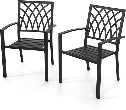 NUU GARDEN Outdoor Patio Dining Chairs Set of 2, Stackable Metal Patio Chairs with Armrests, Portable Dining Chairs for Backyard, Lawn, Deck, Porch, Poolside, Bistro, Black