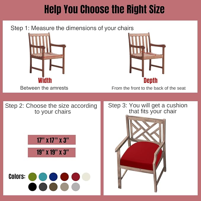 idee-home Outdoor Chair Cushions Set of 4, Thick 17" x 17" x 3" Patio Chair Cushions for Outdoor Furniture Waterproof with Ties, Seat Cushion, Patio Chair Pads Dining Chair Red
