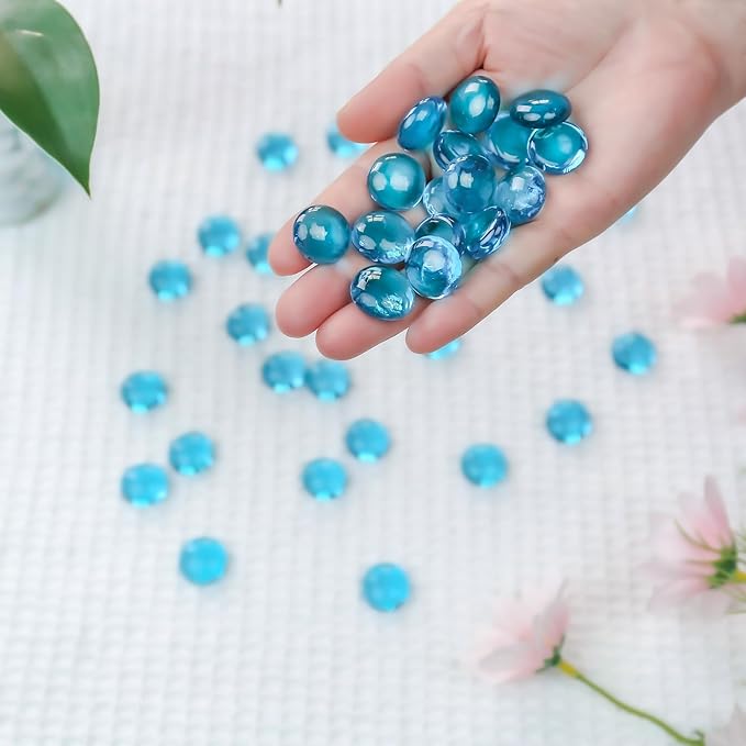 CYS EXCEL Light Blue Glass Gemstone Beads Vase Fillers (6 LBS) Flat Marble Beads Multiple Color Choices Aquarium Decor Rocks Floral Stones Decorative Mosaic Glass Gem Pebbles