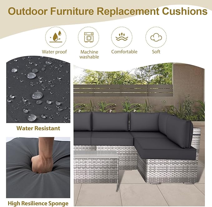 Outdoor Replacement Cushions for Patio Furniture,14-Piece Patio Water-Resistant Replacement Sofa Cushions,Fits 6-seat Sectional Rattan Conversation Set,Liner&Cover (Dark Gray)