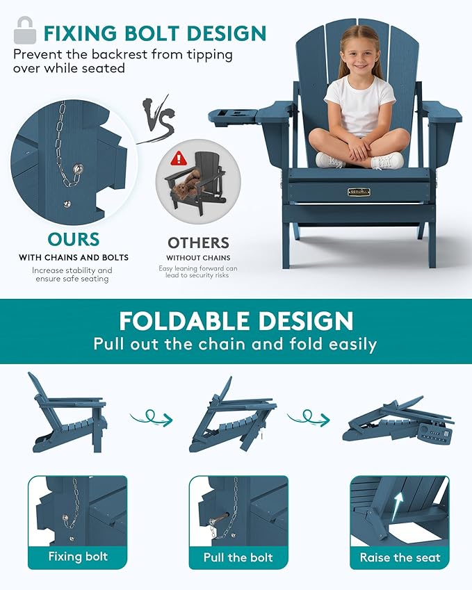 SERWALL Foldable Adirondack Chair Set of 2, Adirondack Chairs with 4 in 1 Cup Holder, Weather Resistant Plastic Chair for Patio Garden Outdoors Fire Pit-Blue