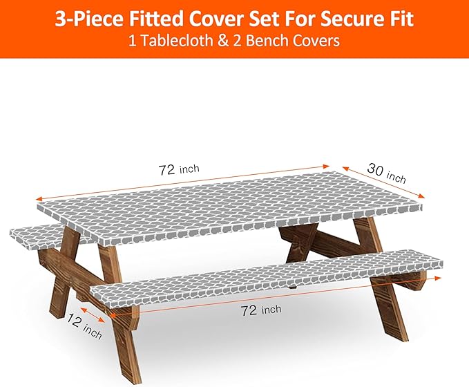 KENOBEE 6ft Picnic Table and Bench Cover, Camping Essentials RV Gear, 72in Waterproof Windproof Outdoor Elastic All Around Tablecloth, Fitted Rectangle Tables and Seats, Gray-White Moroccan