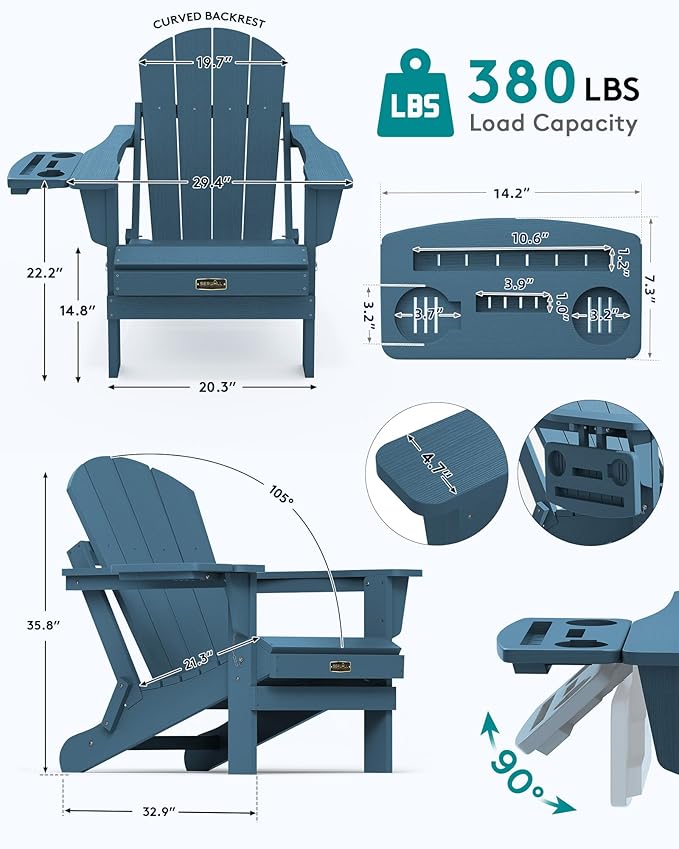 SERWALL Foldable Adirondack Chair Set of 2, Adirondack Chairs with 4 in 1 Cup Holder, Weather Resistant Plastic Chair for Patio Garden Outdoors Fire Pit-Blue
